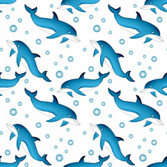 Naklejka premium Seamless abstract pattern. Dolphins and bubbles on a white background.