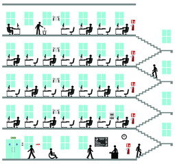 Representation of office workers social distancing with empty desk to provide two metre safe working zone isolated on white background