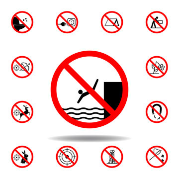 Forbidden jumping sea icon on white background. set can be used for web, logo, mobile app, UI, UX