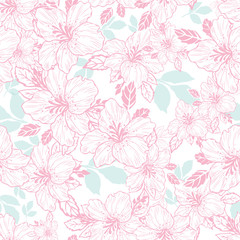 pink lily flower blue leaf white background seamless print background design