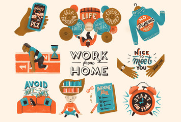 Set of illustrations Work from home with lettering