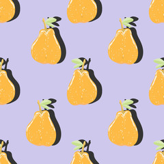 Orange pear top view pop art with shadow seamless pattern on purple background.