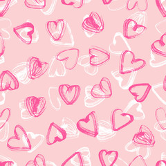 Grunge Hearts Paint Brush Strokes Vector Seamless Pattern. Love. Valentine's Day Background