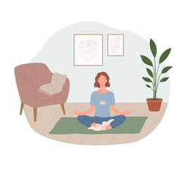 Woman practicing yoga and enjoying meditation at home. Girl with crossed legs sitting on floor in lotus position meditating. Relaxation at home. Cozy interior, room, apartment Flat vector illustration