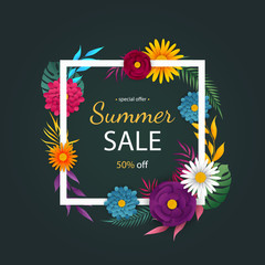 Summer sale banner with flowers on a green background. Banner for promotions, magazines, advertising, web sites.