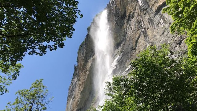 High Waterfall Swiss, Staubbach falls from Lauterbrunnen valley , Switzerland
