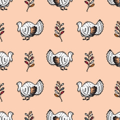 Cute Turkey birds with Autumn Leaves Seamless Pattern. Hand Drawn Doodle Turkey Bird and leaf. Thanksgiving Day Vector Background