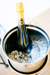 a bottle of cold champagne in an ice bucket outdoors in sunlight