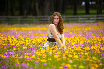 Fototapeta na wymiar Woman Wearing Sundress Standing in Field of Wildflowers