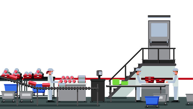 Meat factory with workers on white background, industrial equipment, interior of the factory, social distancing, food industry vector illustration