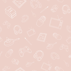 Seamless pattern with white hand drawn items of fun home activities on pink background