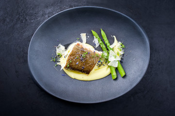 Traditional fried skrei cod fish filet with green asparagus tips and mashed potato creme in parmesan olive oil sauce as top view on a modern design plate with copy space