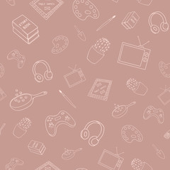 Seamless pattern with white hand drawn items of fun home activities on pink background