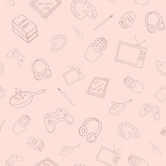 Seamless pattern with hand drawn items of fun home activities on pink background