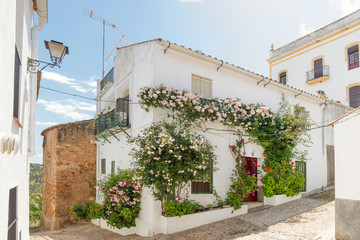 View of a beautiful white house with flowers in the facade in Zufre village, Sierra de Aracena, Huelva, Spain