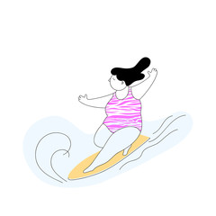 Vector illustration of a fat cute surfer girl.Modern flat design isolated on white background.