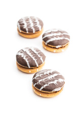 Sweet dessert with chocolate cream and chocolate icing
