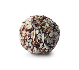 Delicious chocolate candy with almond flakes isolated on white