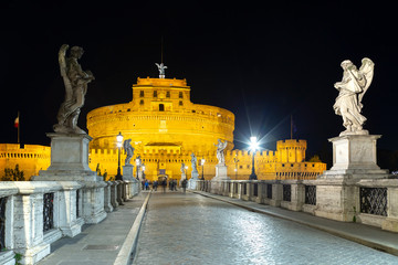 Fototapeta premium The Mausoleum of Hadrian, usually known as Castle of the Holy Angel at night. Initially built as a mausoleum for emperor and his family. The building was later used as a castle, and is now a museum.