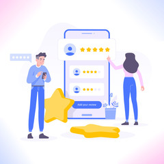 Feedback or customer review concept. People giving positive review and rating. Client satisfaction and user experience concept, vector illustration