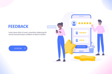Feedback or customer review concept. People giving positive review and rating. Client satisfaction and user experience concept, vector illustration