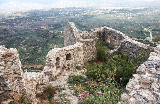 Ruins of the walls of the ancient city of Mystra. Greece
