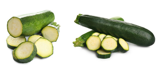 Set of fresh ripe zucchinis on white background. Banner design