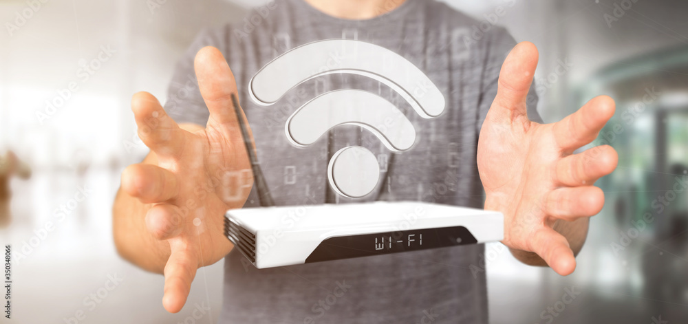 Poster businessman holding a wifi router and data - 3d rendering