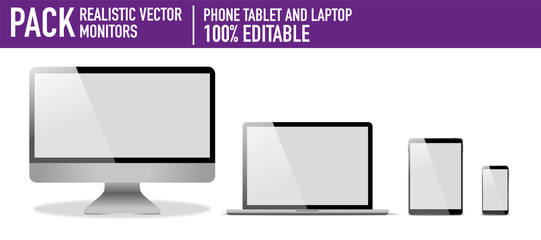 Pack de distintos dispositivos tecnol&oacute;gicos. Tablet, celular, laptop y un pc de escritorio