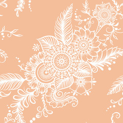 Eastern ethnic style compositions, mehendi, traditional indian henna floral ornament. Seamless pattern, background. Vector illustration.