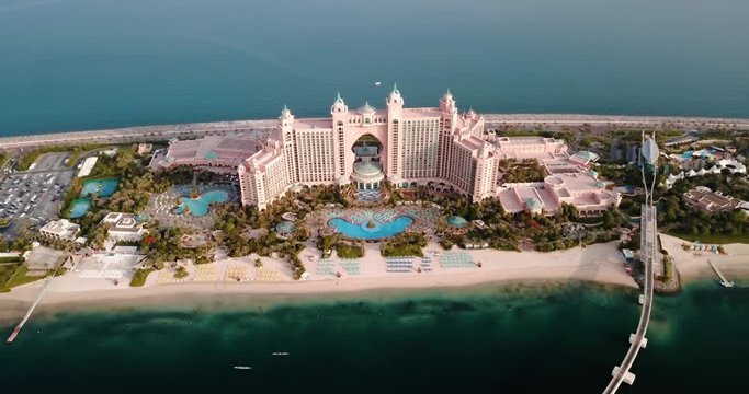 Dubai, United Arab Emirates - June 5, 2019: Atlantis luxury hotel at the Palm island in Dubai aerial view