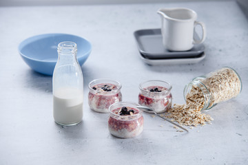 Jars of overnight oats with fresh blueberries and greek yogurt, milk bottle copyspace with concrete...
