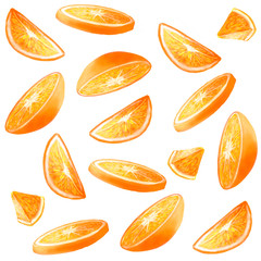 bright colorful orange fruit  illustration isolated on white backgorund, hand drawn painting of orange slices. flying pieces of orange. falling orange slices seamless pattern