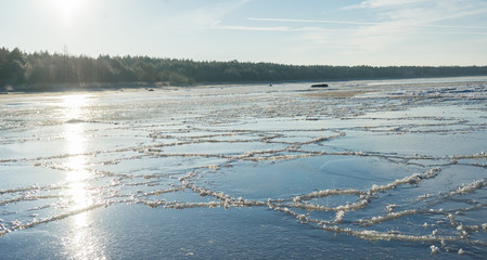 Ice formation on the frozen Baltic Sea. Plate pattern on the cold surface. Slippery ice. Coastal waters of Finnish Gulf. Estonia, Baltic, Europe.