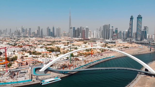 Aerial view of Dubai skyline from the water canal