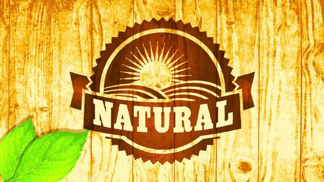 natural vegan food business brand theme with wood engraving style on varnished background and leaves ornament