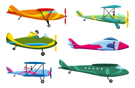 Retro airplane set. Collection of old aiplane aircraft. Different types of plane. Vector icons illustration