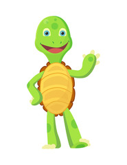 Obraz premium Happy young cartoon turtle rised hand up. Fanny kid. T-shirt vector logo design