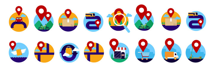 GPS global positioning system direction map icon set full color white isolated modern flat cartoon style.