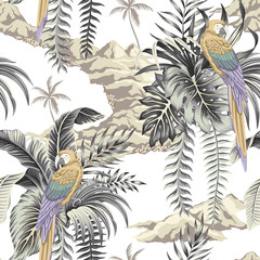 Île hawaïenne vintage tropicale, palmier, montagne, feuilles de palmier, fond blanc motif floral harmonieux d& 39 été perroquet ara. Fond d& 39 écran jungle exotique.