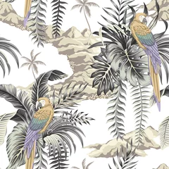 Papier Peint photo Perroquet Île hawaïenne vintage tropicale, palmier, montagne, feuilles de palmier, fond blanc motif floral harmonieux d& 39 été perroquet ara. Fond d& 39 écran jungle exotique.