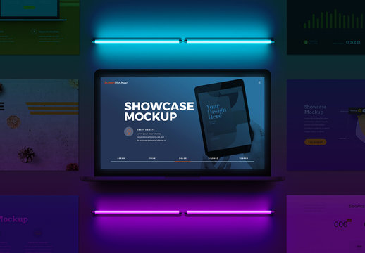 Laptop Presentation Showcase with Neon Lights Mockup