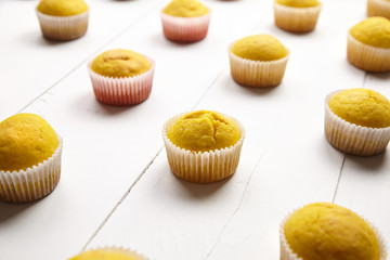 Homemade cupcakes on white wooden background. Muffins