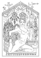 Vector drawn happy woman doing yoga. Girl relaxing meditation at home in a cozy atmosphere room. Self-isolation, coronavirus quarantine. Stay home concept. Health care. Patterned coloring page