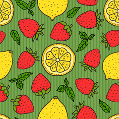 Berry Strawberry and lemon on green striped Seamless pattern texture. Yellow and Red colors. Vector hand drawn illustration Surface design