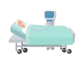 Vector illustration of old man with oxygen mask and ventilator - 350357095