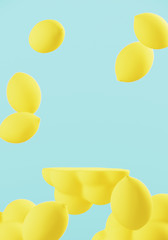 Minimal Beverage background for smoothie and drink presentation. Yellow cloud podium with falling lemon on blue background. Cafe poster templates mockup . 3d render illustration.