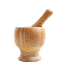 Wooden mortar and pestle isolated on white. Cooking utensils