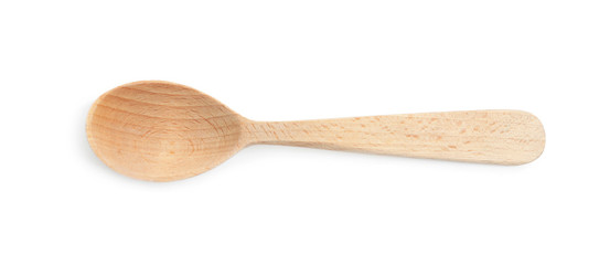 Wooden spoon isolated on white, top view. Cooking utensil