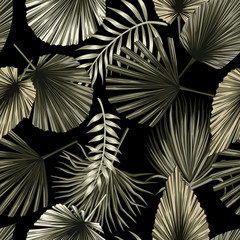 Tropische vintage palmbladeren naadloze bloemmotief zwarte achtergrond. Exotisch junglebehang.